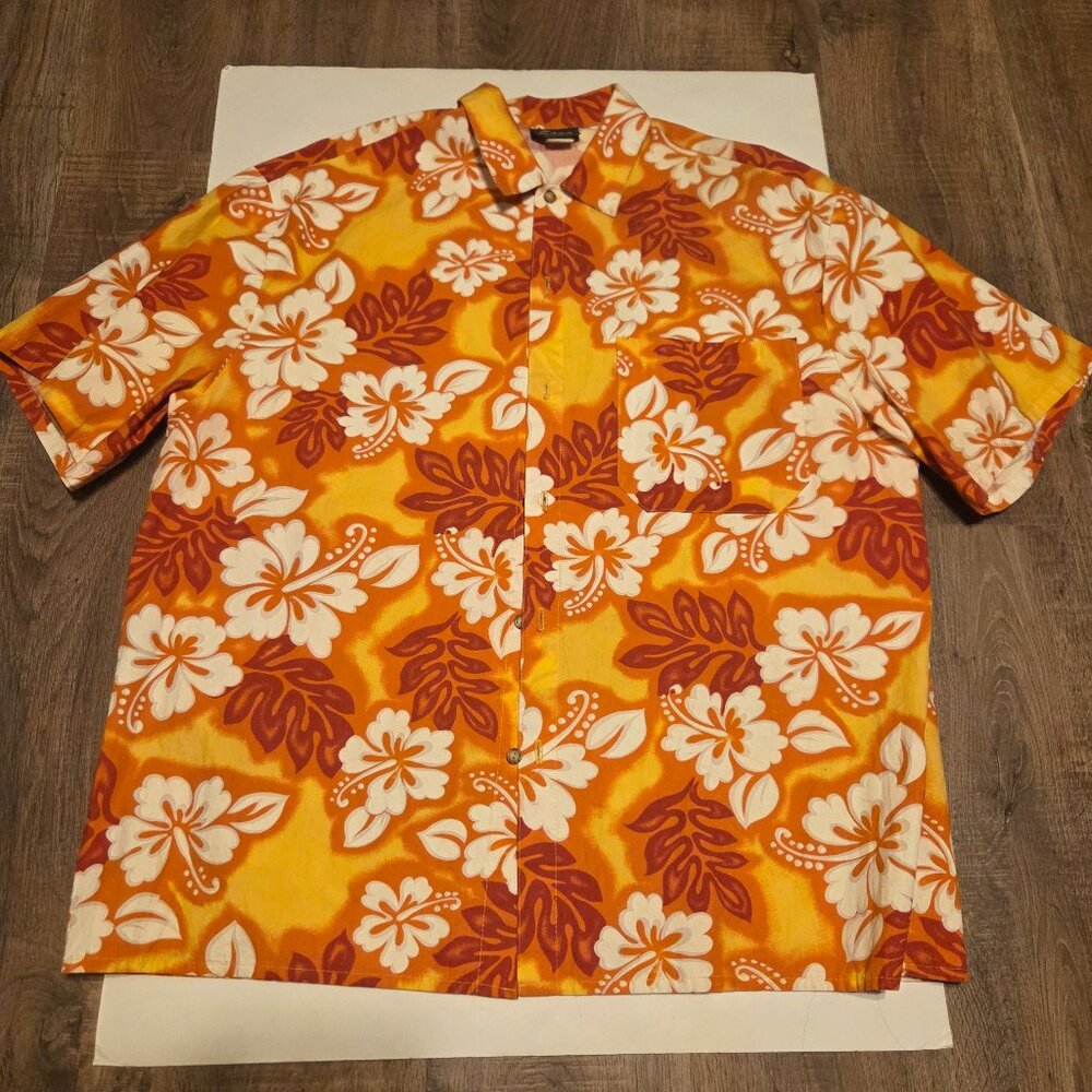 Saga Tropical White and Orange Collared Short Sleeve Men's Shirt - XL